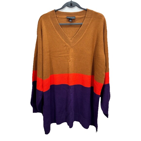 Lane Bryant Sweaters - Lane Bryant Stripe Tunic Sweater Womens 22/24 Tan Purple Stripe Blouson Sleeve